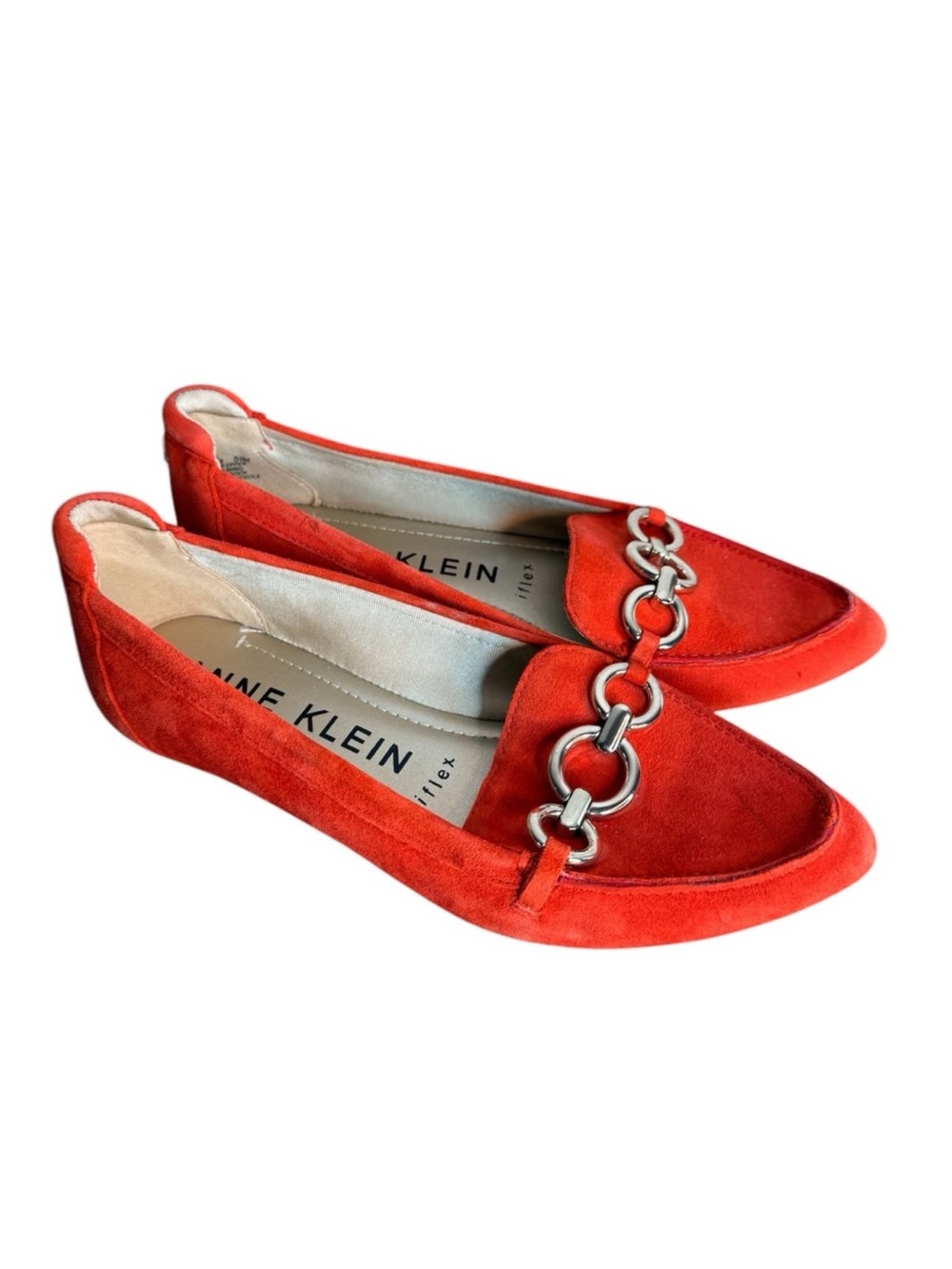 ANNE KLEIN Ola Slip On Flats Loafers Coral Orange Chain Detail Size 5.5
